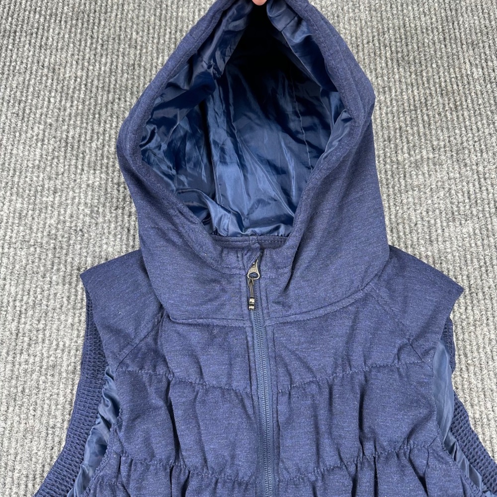 Be By Blanc Noir Quilted Puffer Vest Womens L Navy Blue Hooded Ruched Zip Jacket - Picture 3 of 8